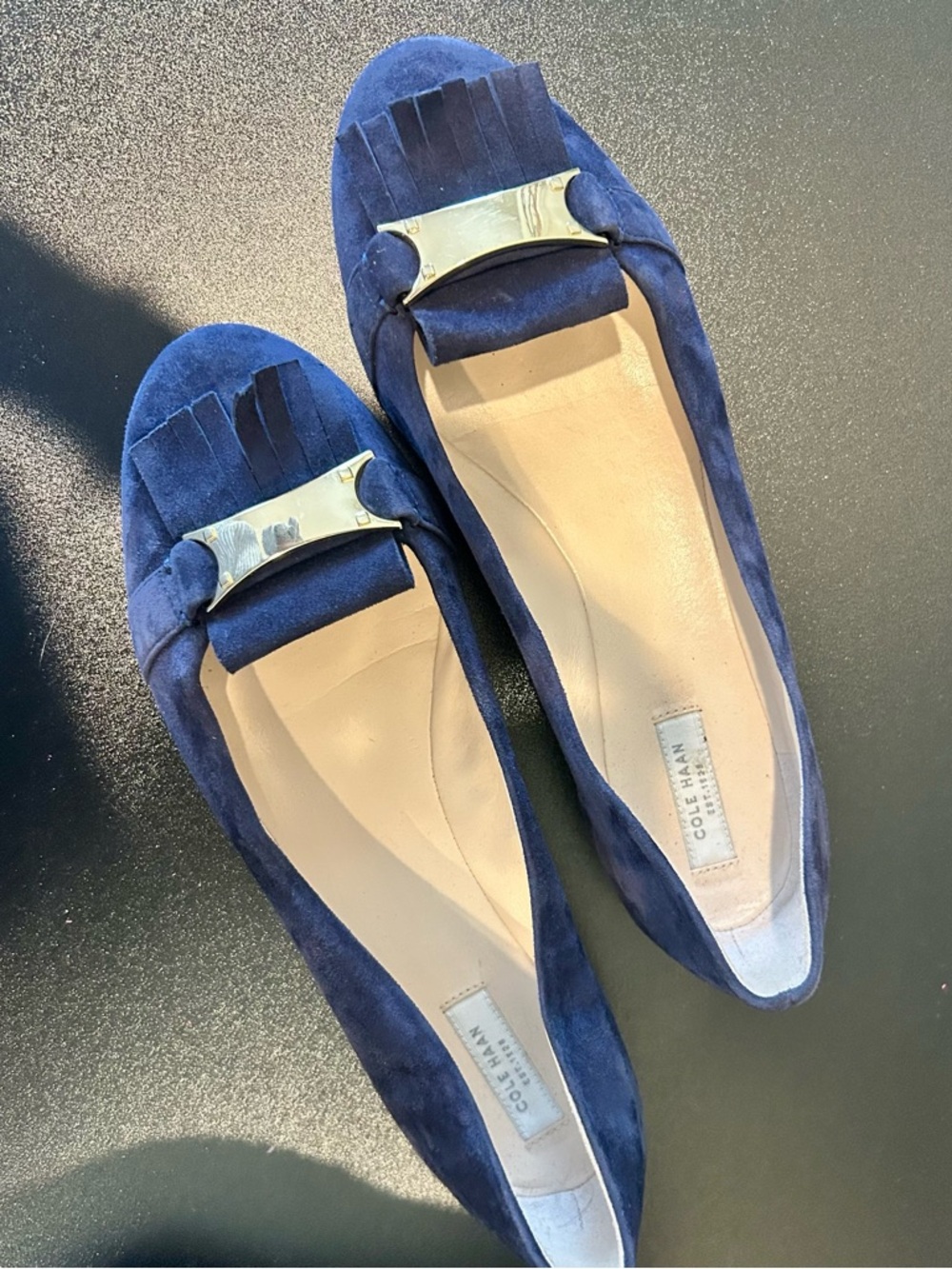 Cole Haan Navy Suede Fringe Loafers with Gold Bar